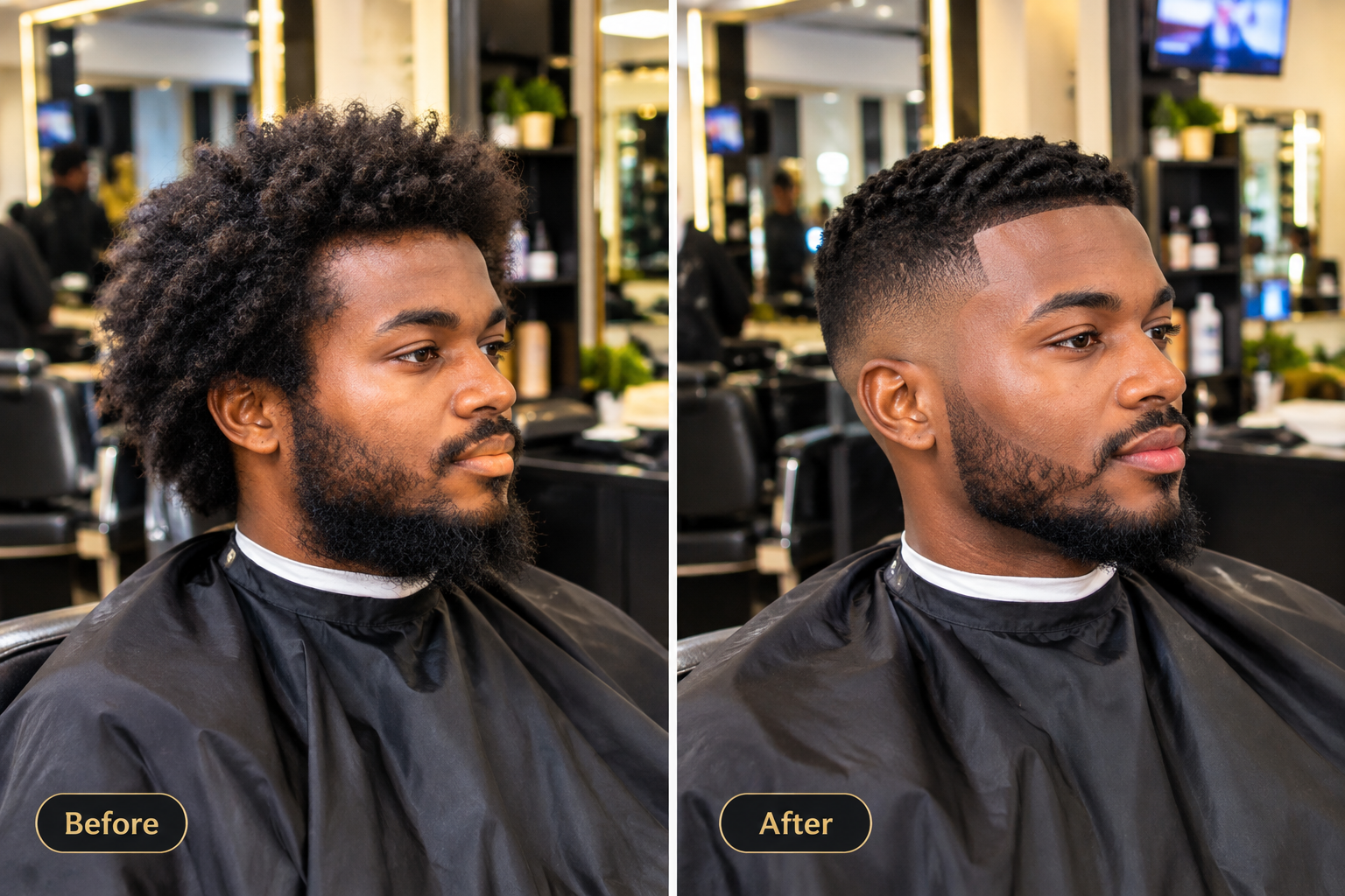 Illustrative before and after men's fade and beard grooming transformation