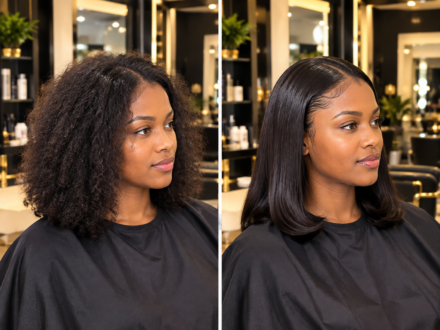 Illustrative before and after sleek bob hair transformation