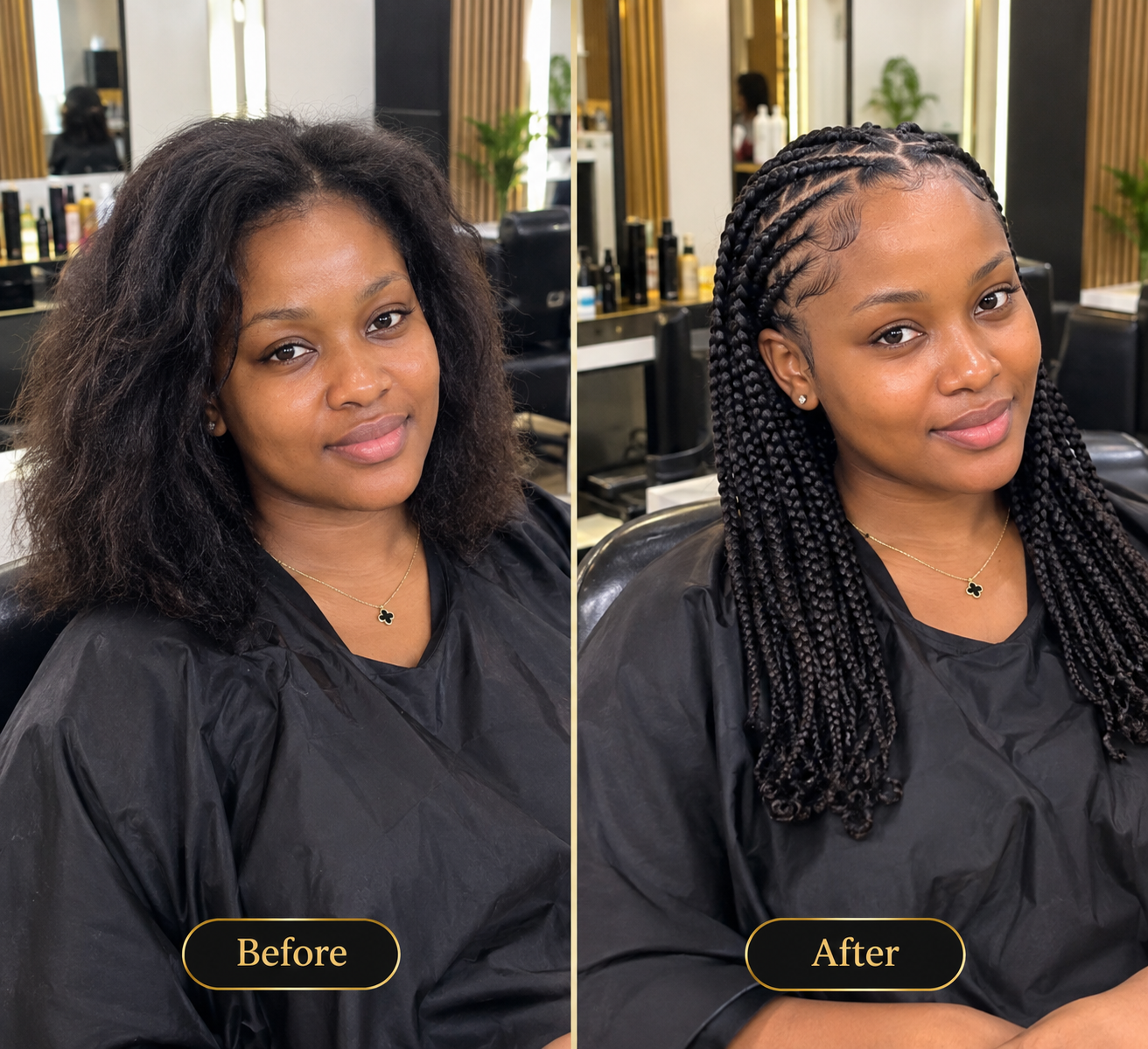 Illustrative before and after box braids transformation